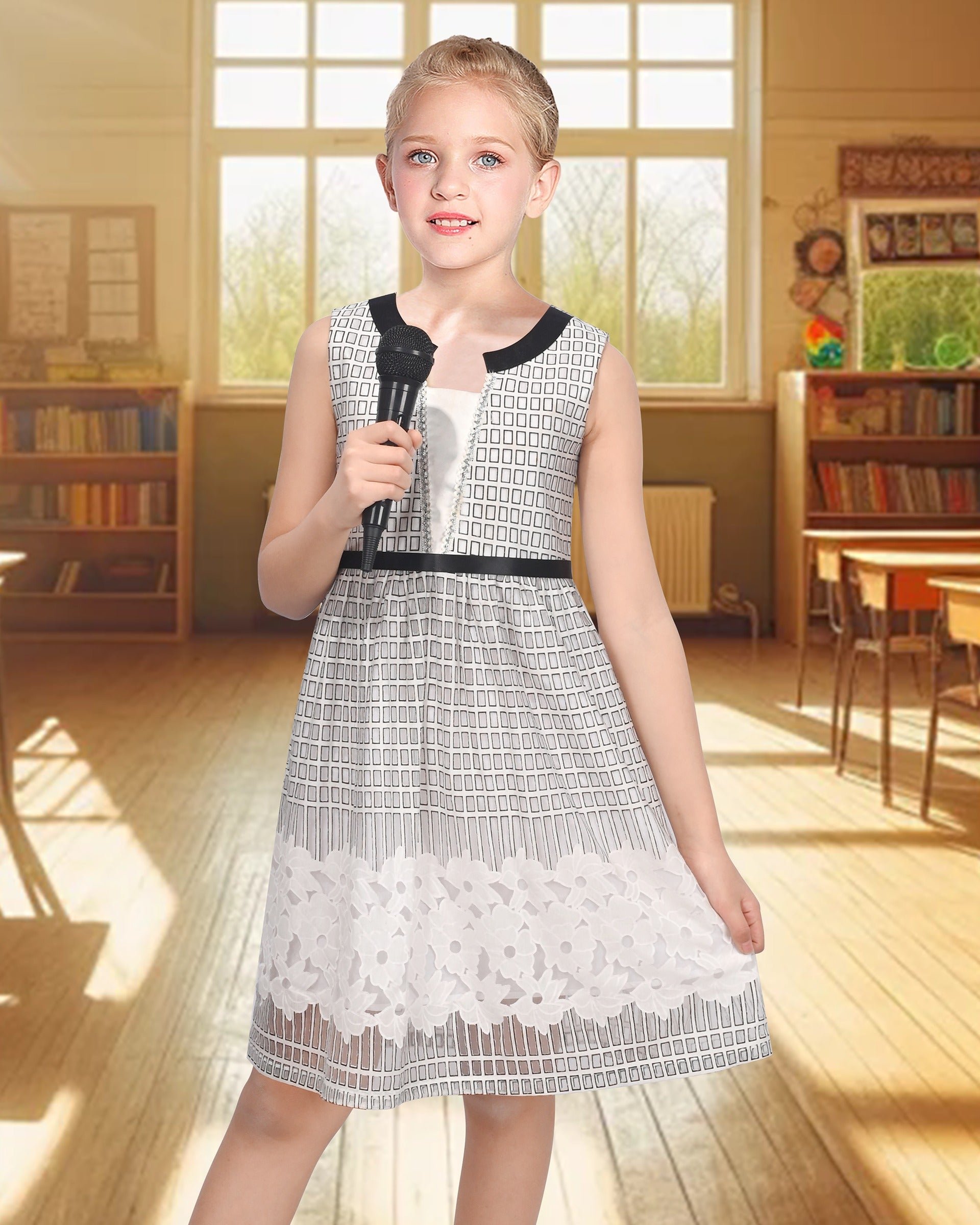Girls Dress Black White Geometric Lace Sleeveless Casual Back to School Daily Black White Lace