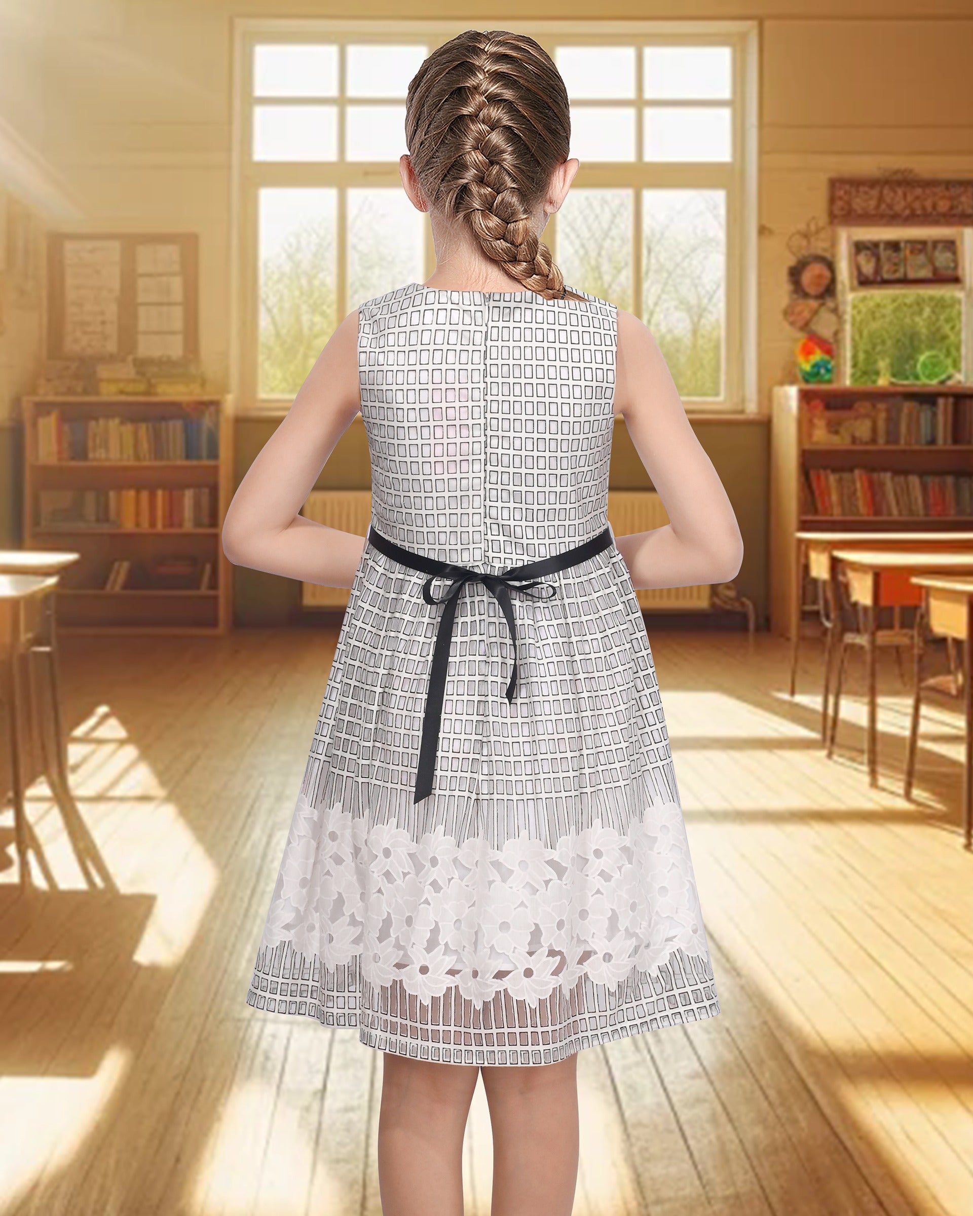 Girls Dress Black White Geometric Lace Sleeveless Casual Back to School Daily Black White Lace