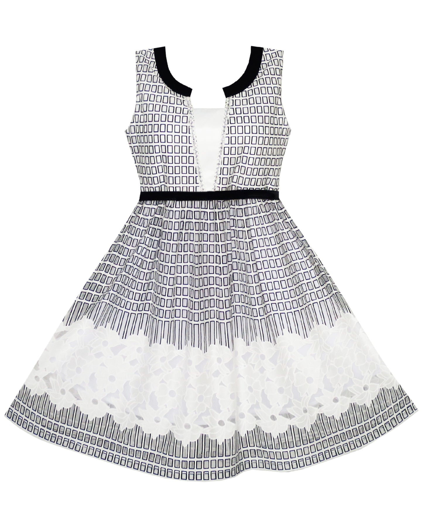 Girls Dress Black White Geometric Lace Sleeveless Casual Back to School Daily Black White Lace
