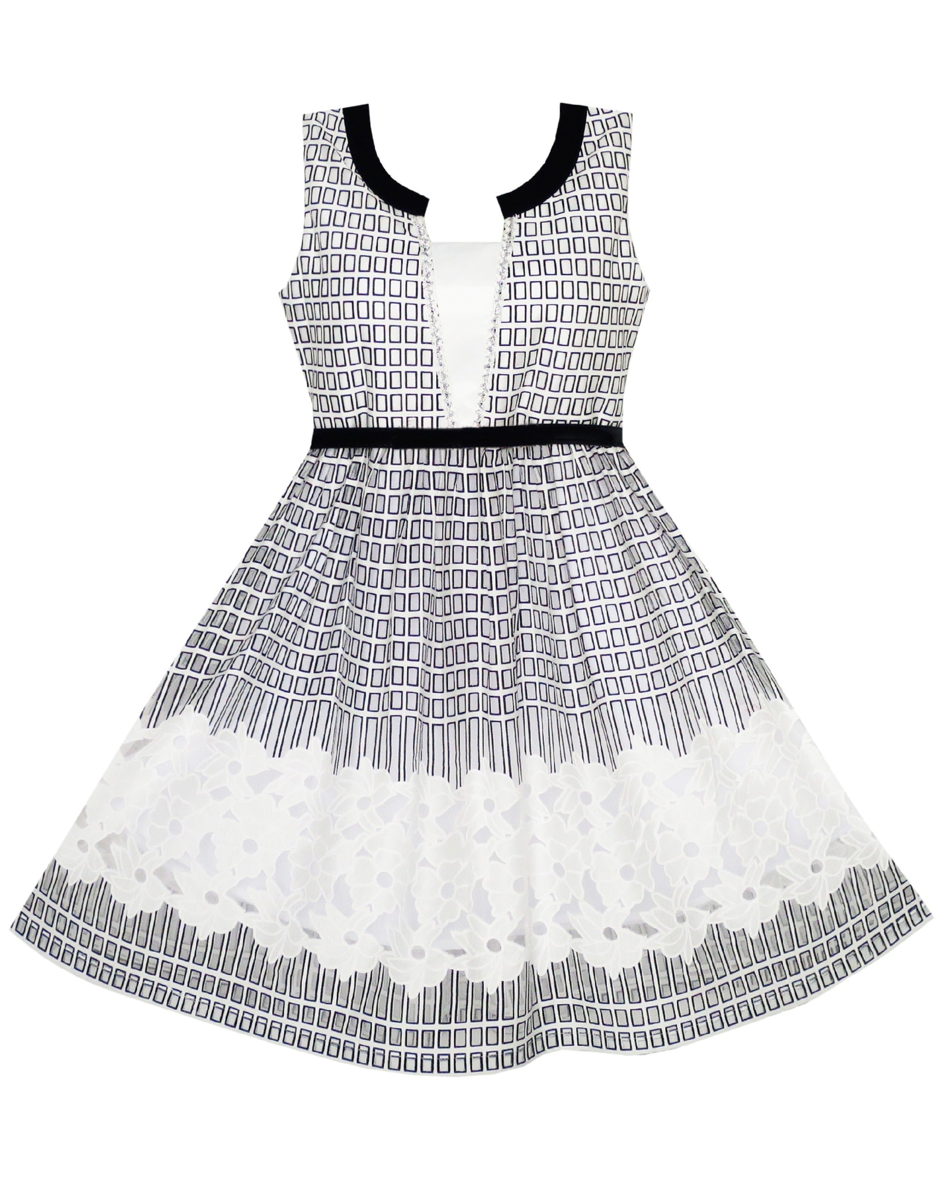 Girls Dress Black White Geometric Lace Sleeveless Casual Back to School Daily Black White Lace
