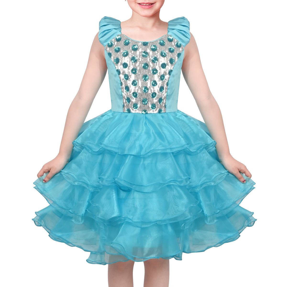 Girls Dress Black White Color Contrast Tutu Dancing Dress - Aqua Blue Sequin