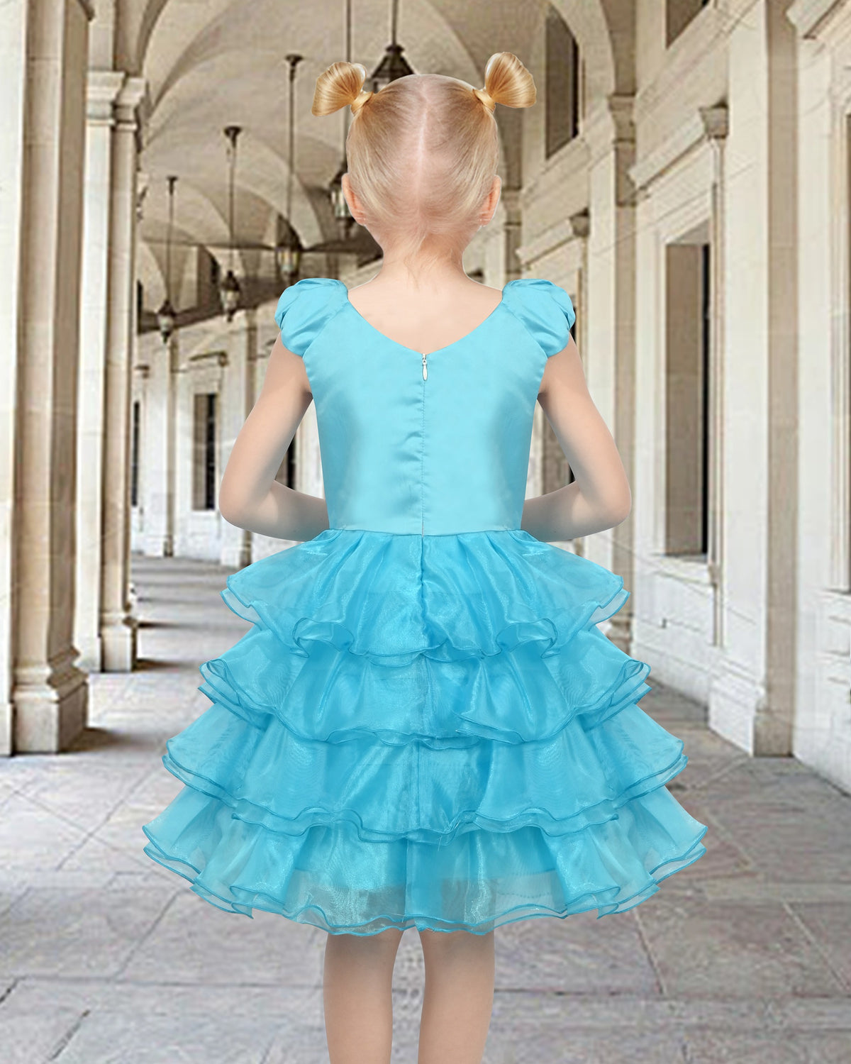 Girls Dress Black White Color Contrast Tutu Dancing Dress - Aqua Blue Sequin