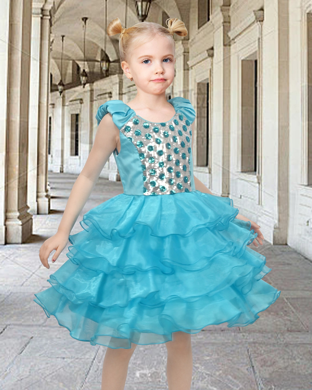 Girls Dress Black White Color Contrast Tutu Dancing Dress - Aqua Blue Sequin