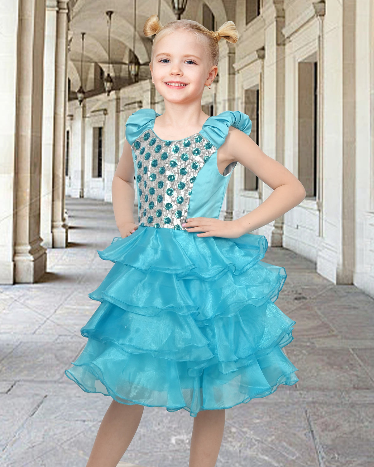 Girls Dress Black White Color Contrast Tutu Dancing Dress - Aqua Blue Sequin