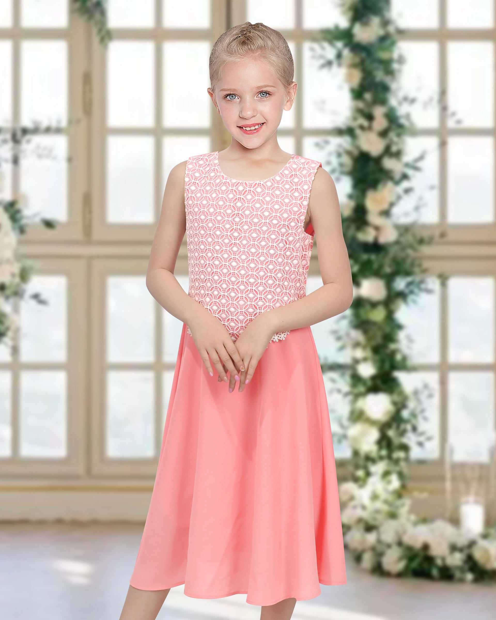 Girls Red Sleeveless Calf Length Lace Chiffon Special Occasion Wedding Party Dress Pink Vintage