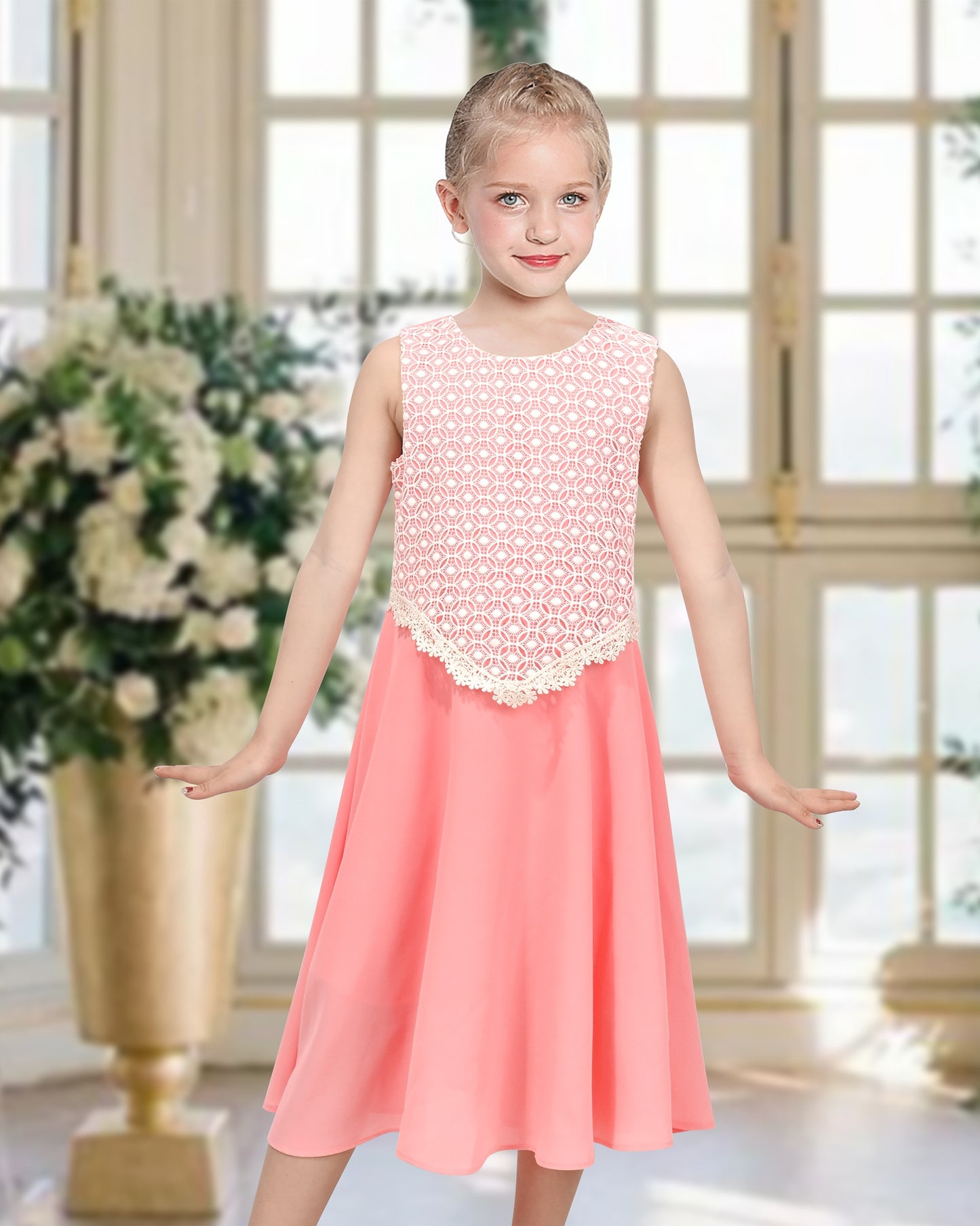 Girls Red Sleeveless Calf Length Lace Chiffon Special Occasion Wedding Party Dress Pink Vintage