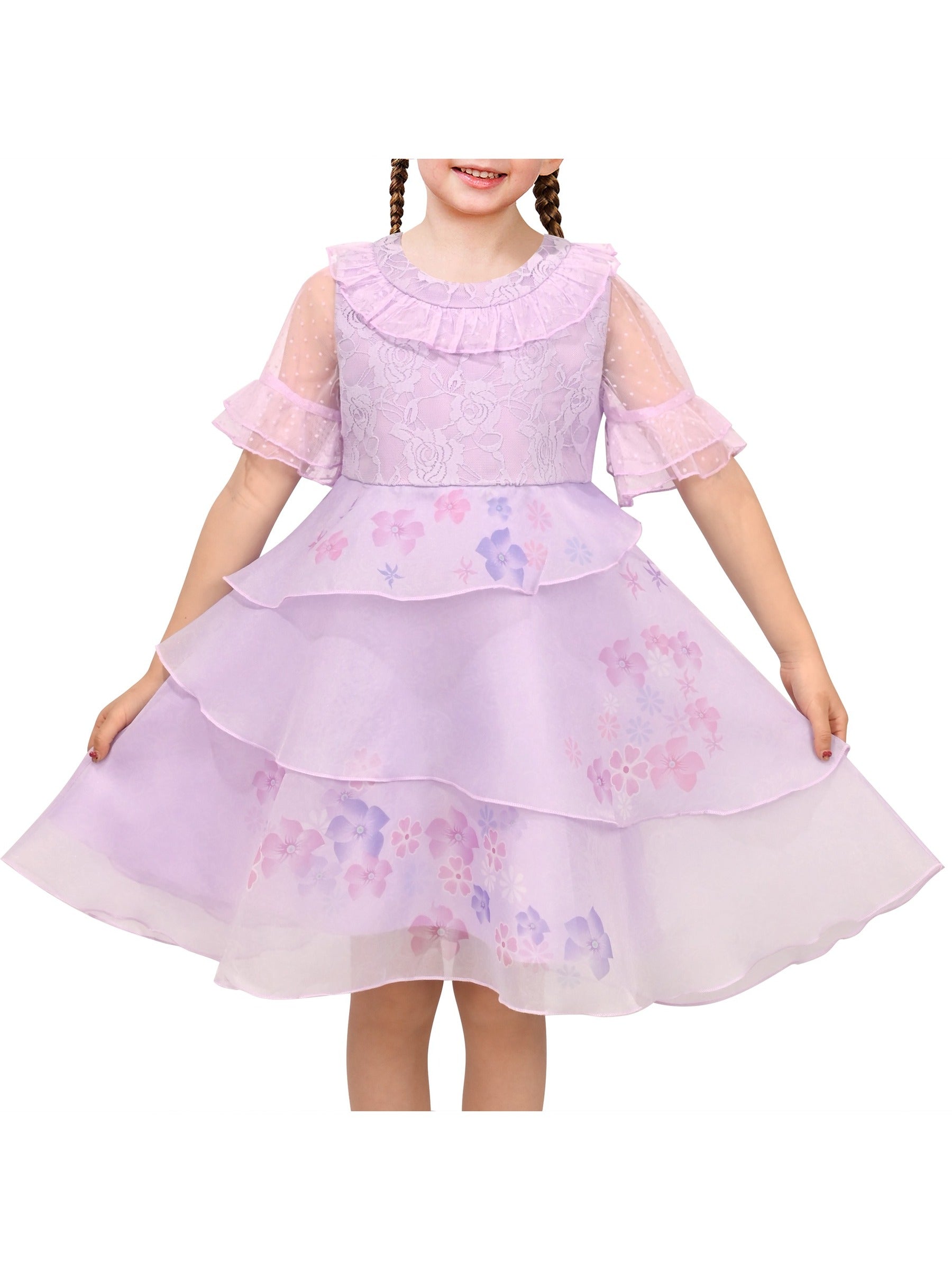 Girls Dress Pink Tulle Floral Applique 3/4 Sheer Mesh Sleeve Wedding Party Purple Lace Floral