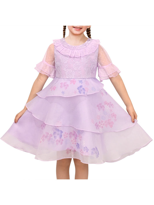 Girls Dress Pink Tulle Floral Applique 3/4 Sheer Mesh Sleeve Wedding Party Purple Lace Floral