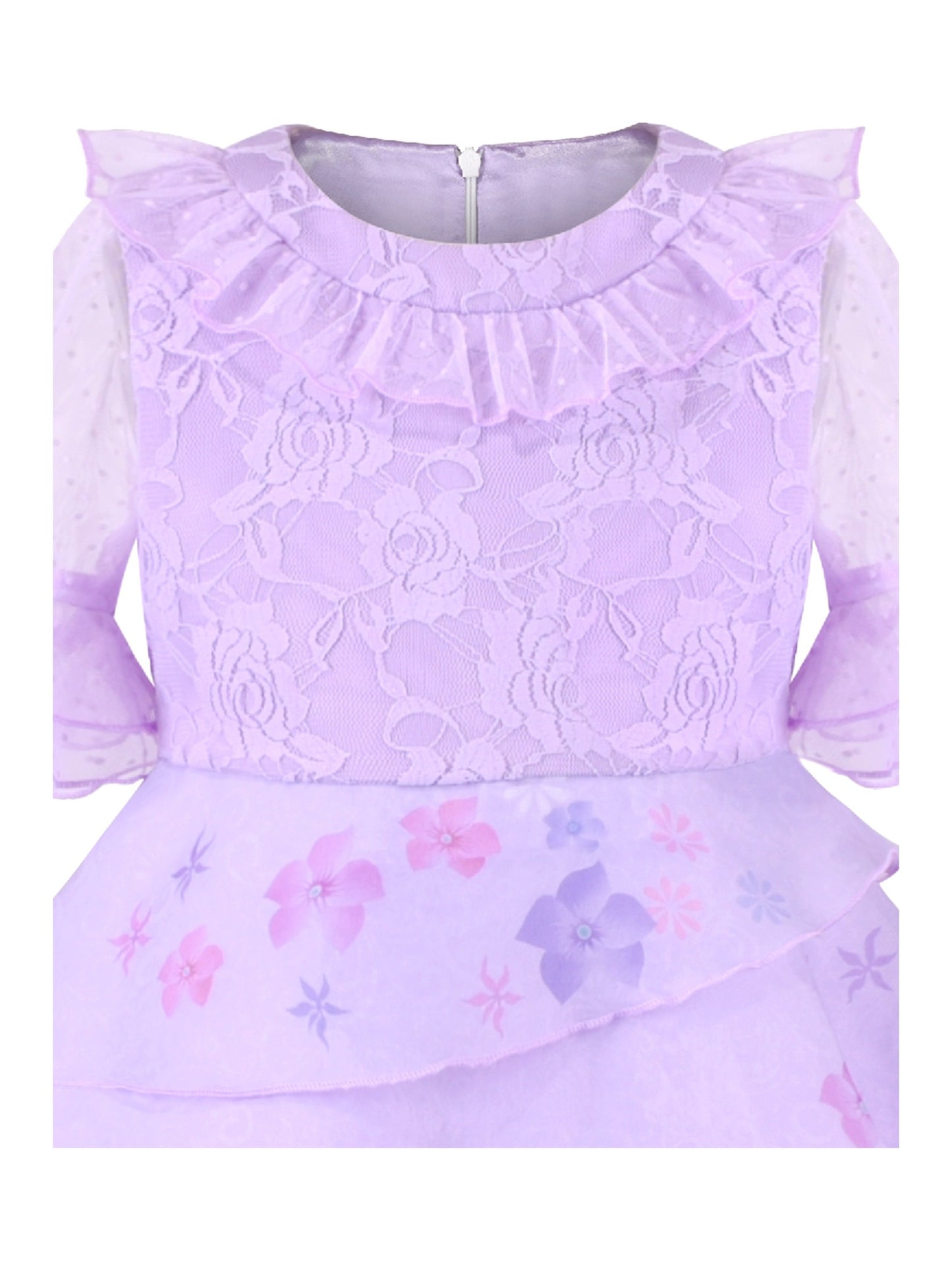 Girls Dress Pink Tulle Floral Applique 3/4 Sheer Mesh Sleeve Wedding Party Purple Lace Floral