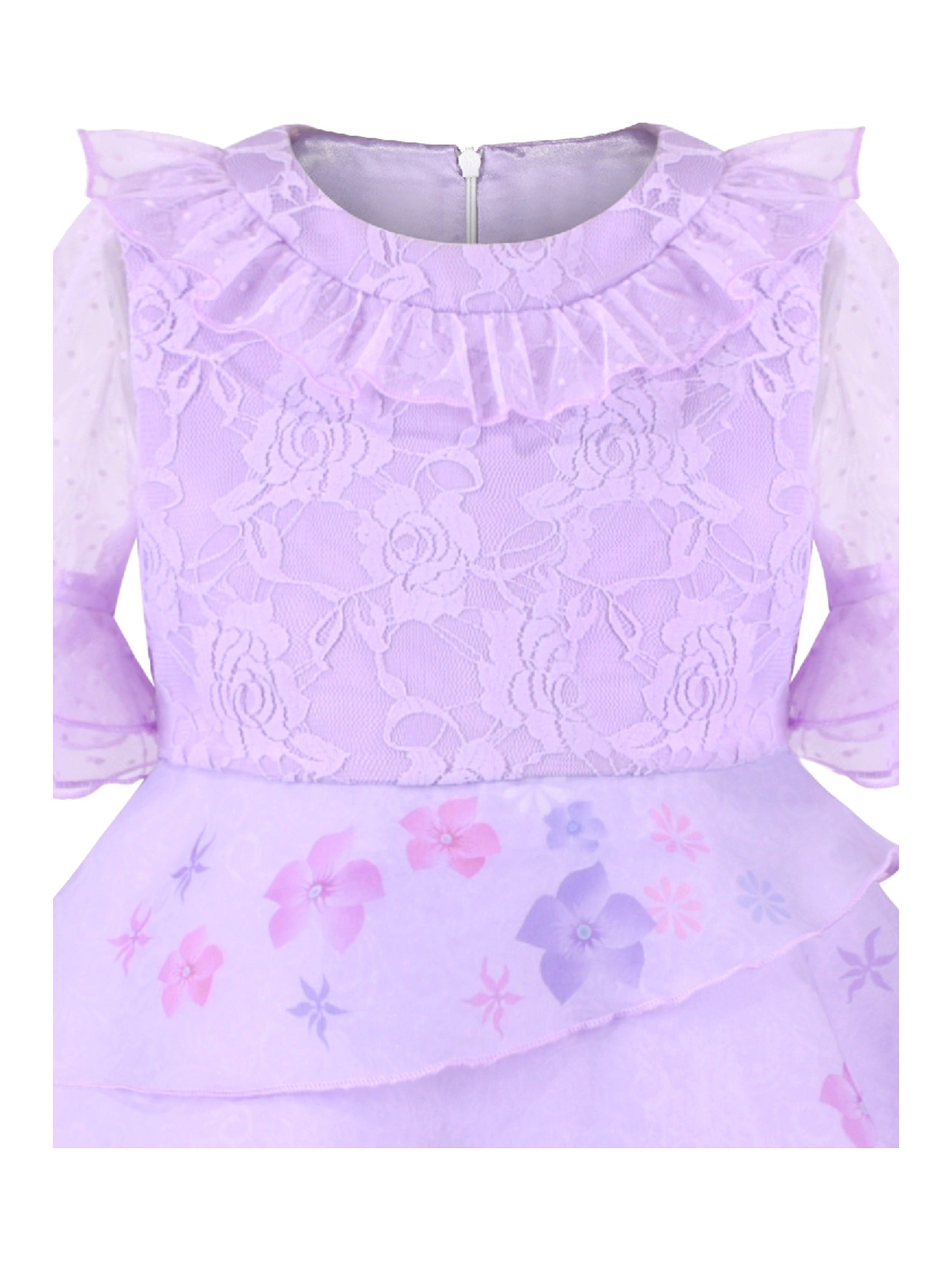 Girls Dress Pink Tulle Floral Applique 3/4 Sheer Mesh Sleeve Wedding Party Purple Lace Floral