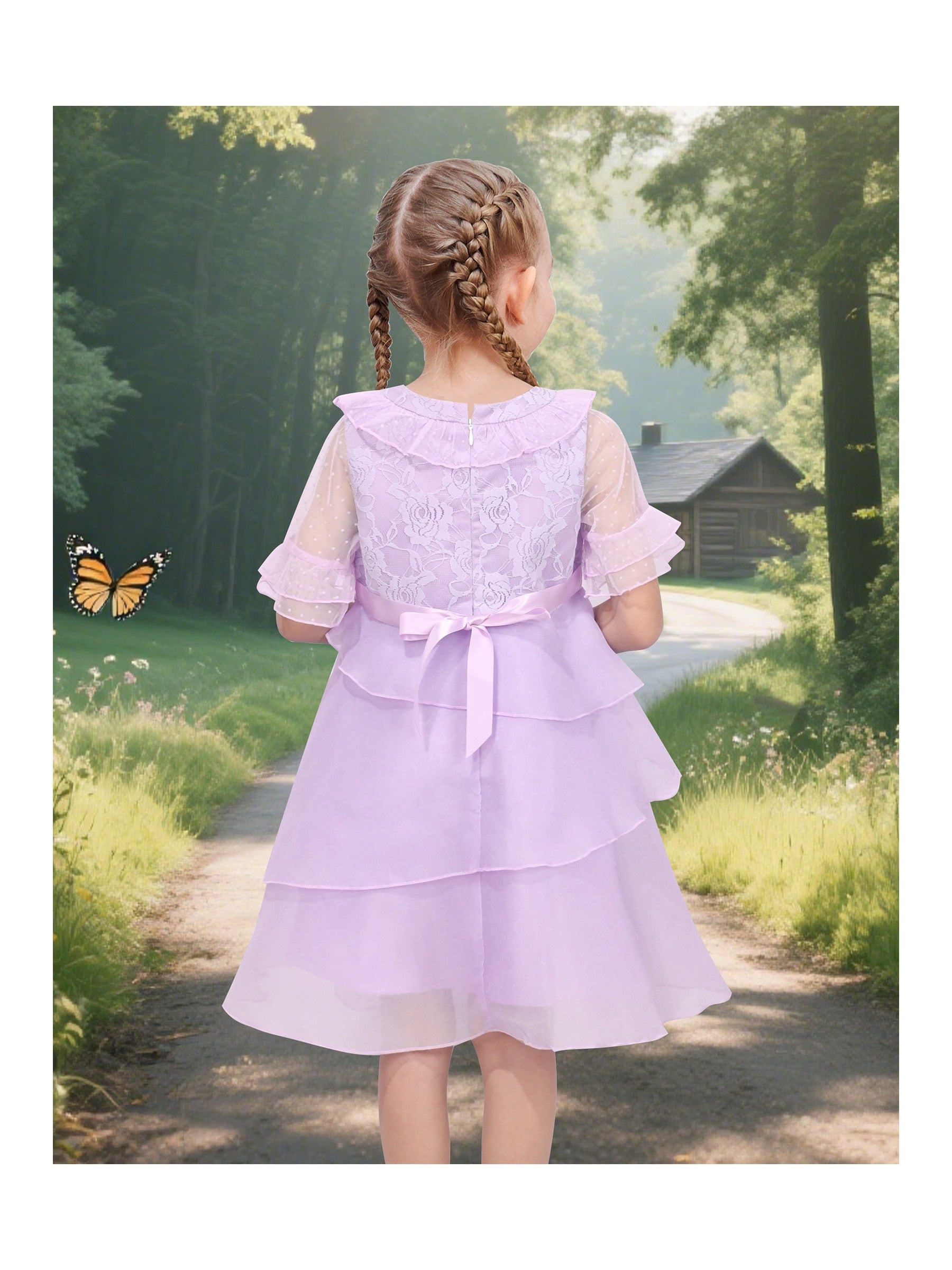 Girls Dress Pink Tulle Floral Applique 3/4 Sheer Mesh Sleeve Wedding Party Purple Lace Floral