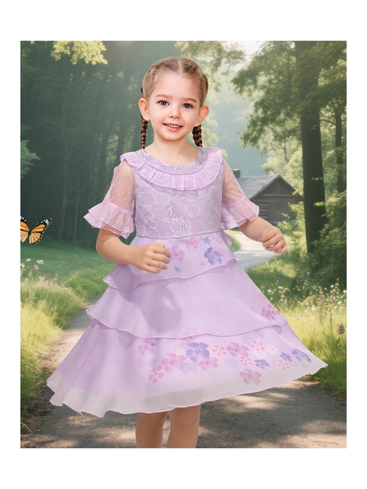 Girls Dress Pink Tulle Floral Applique 3/4 Sheer Mesh Sleeve Wedding Party Purple Lace Floral
