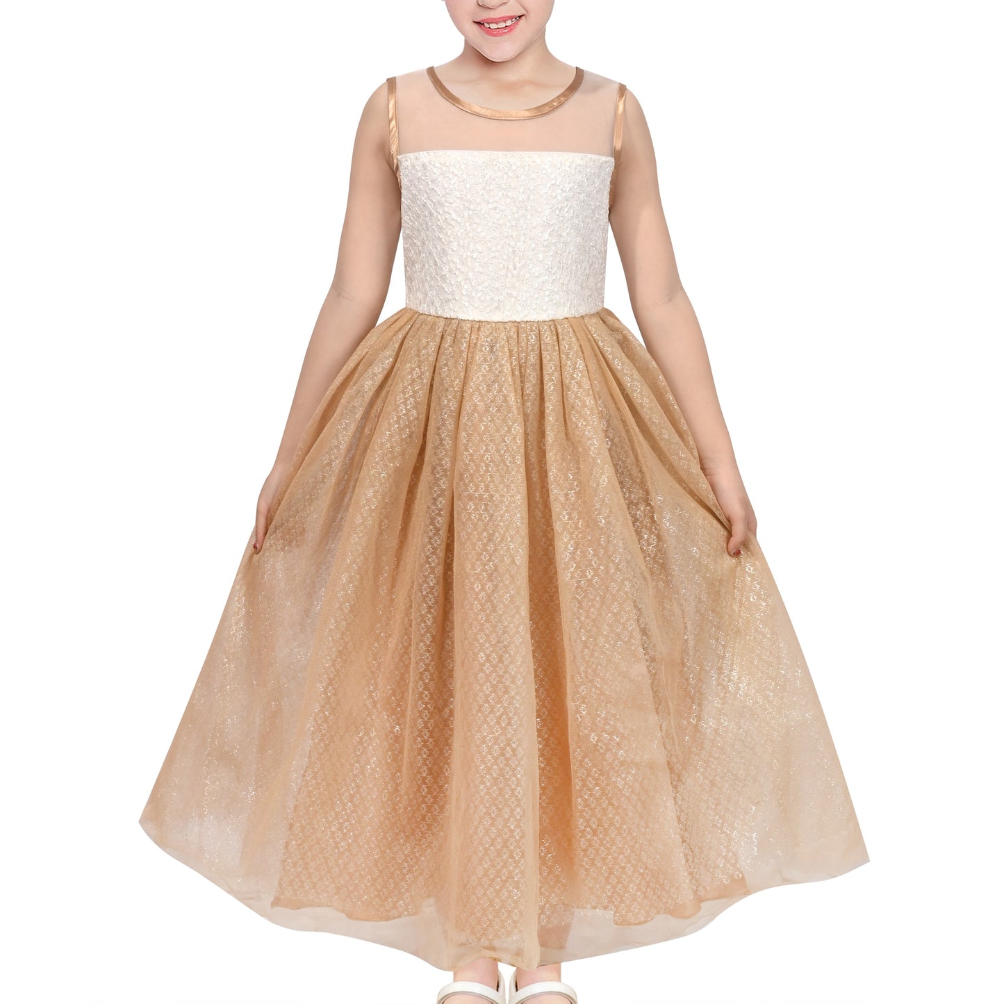 Girls Champagne Dress Sleeveless Floral Lace Calf Length Party Formal Dress Champagne Formal