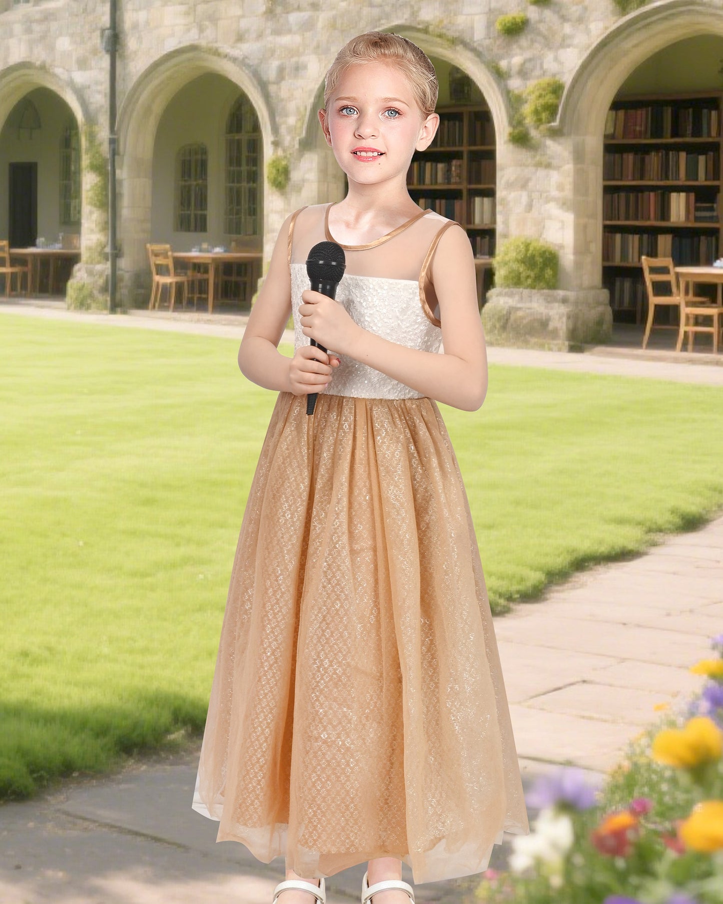 Girls Champagne Dress Sleeveless Floral Lace Calf Length Party Formal Dress Champagne Formal