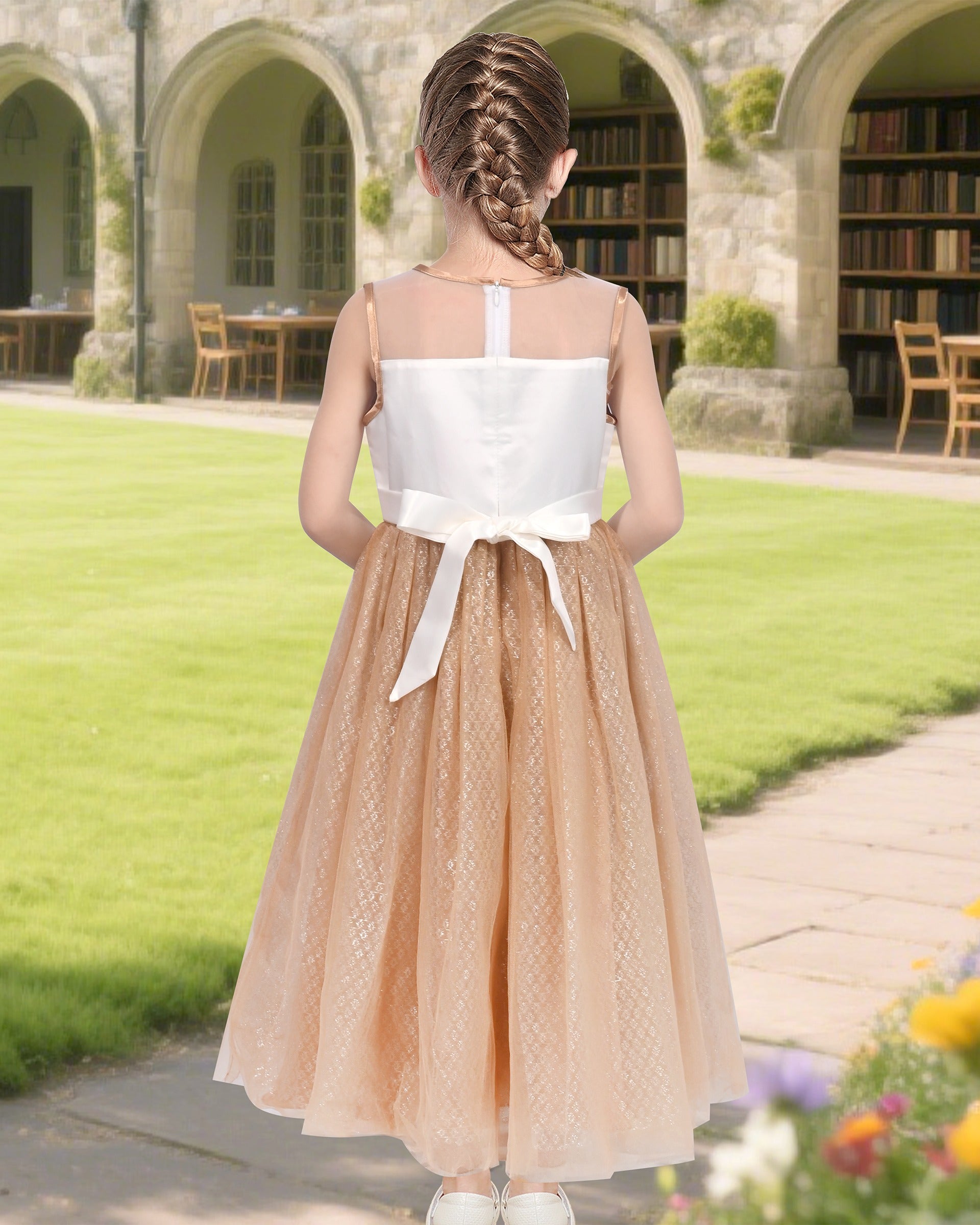 Girls Champagne Dress Sleeveless Floral Lace Calf Length Party Formal Dress Champagne Formal