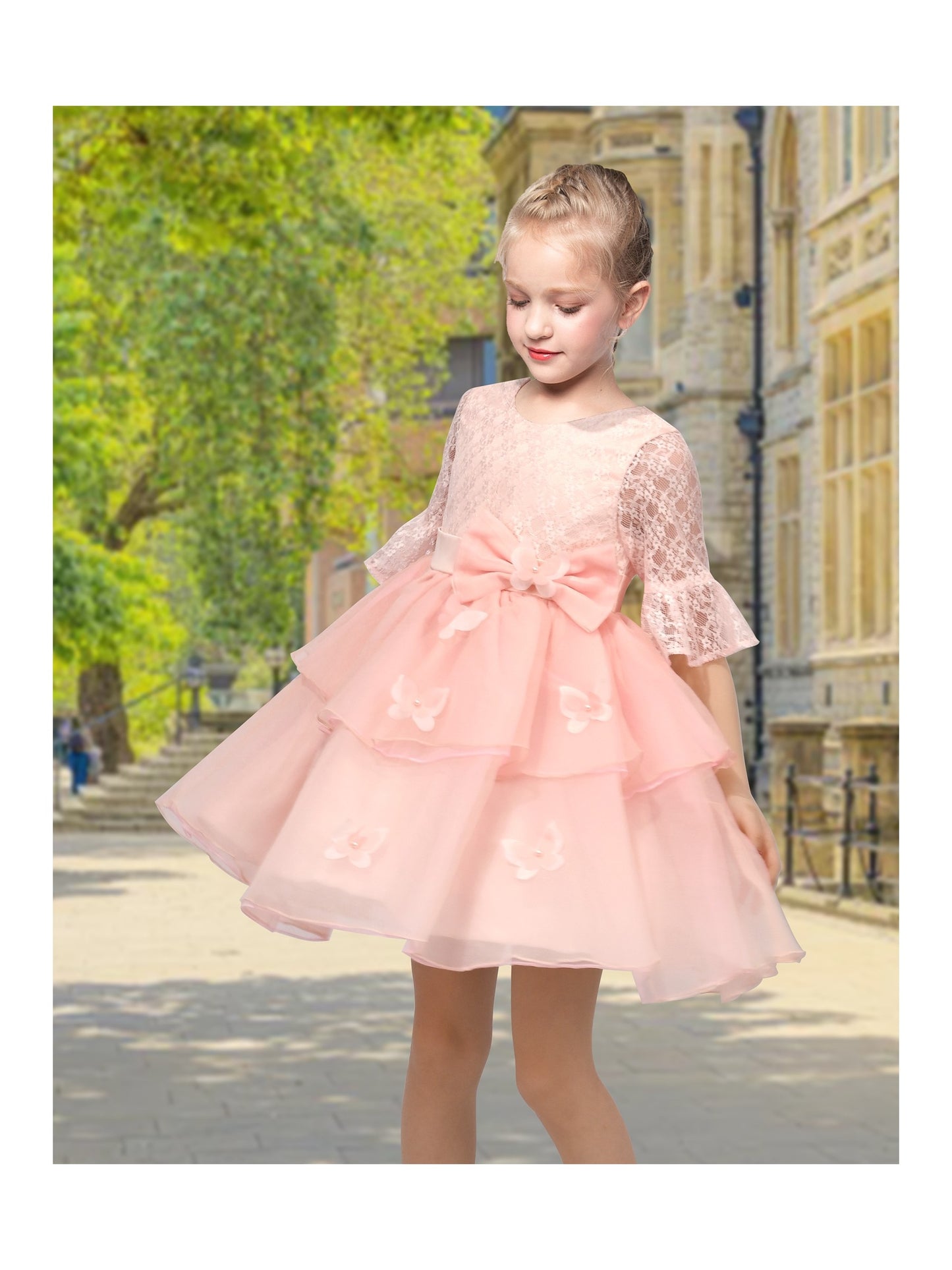 Girls Dress Pink Tulle Floral Applique 3/4 Sheer Mesh Sleeve Wedding Party Light Pink Lace
