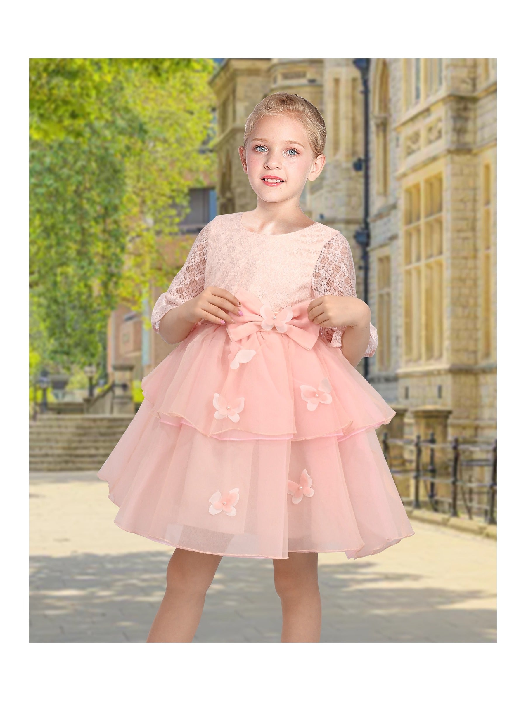 Girls Dress Pink Tulle Floral Applique 3/4 Sheer Mesh Sleeve Wedding Party Light Pink Lace