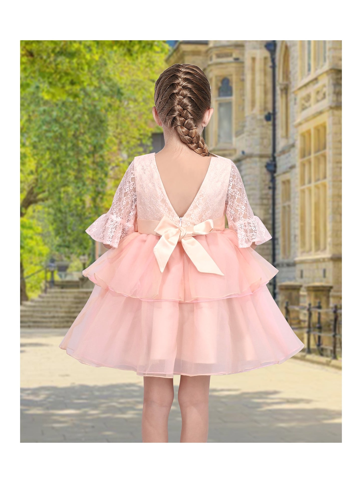 Girls Dress Pink Tulle Floral Applique 3/4 Sheer Mesh Sleeve Wedding Party Light Pink Lace