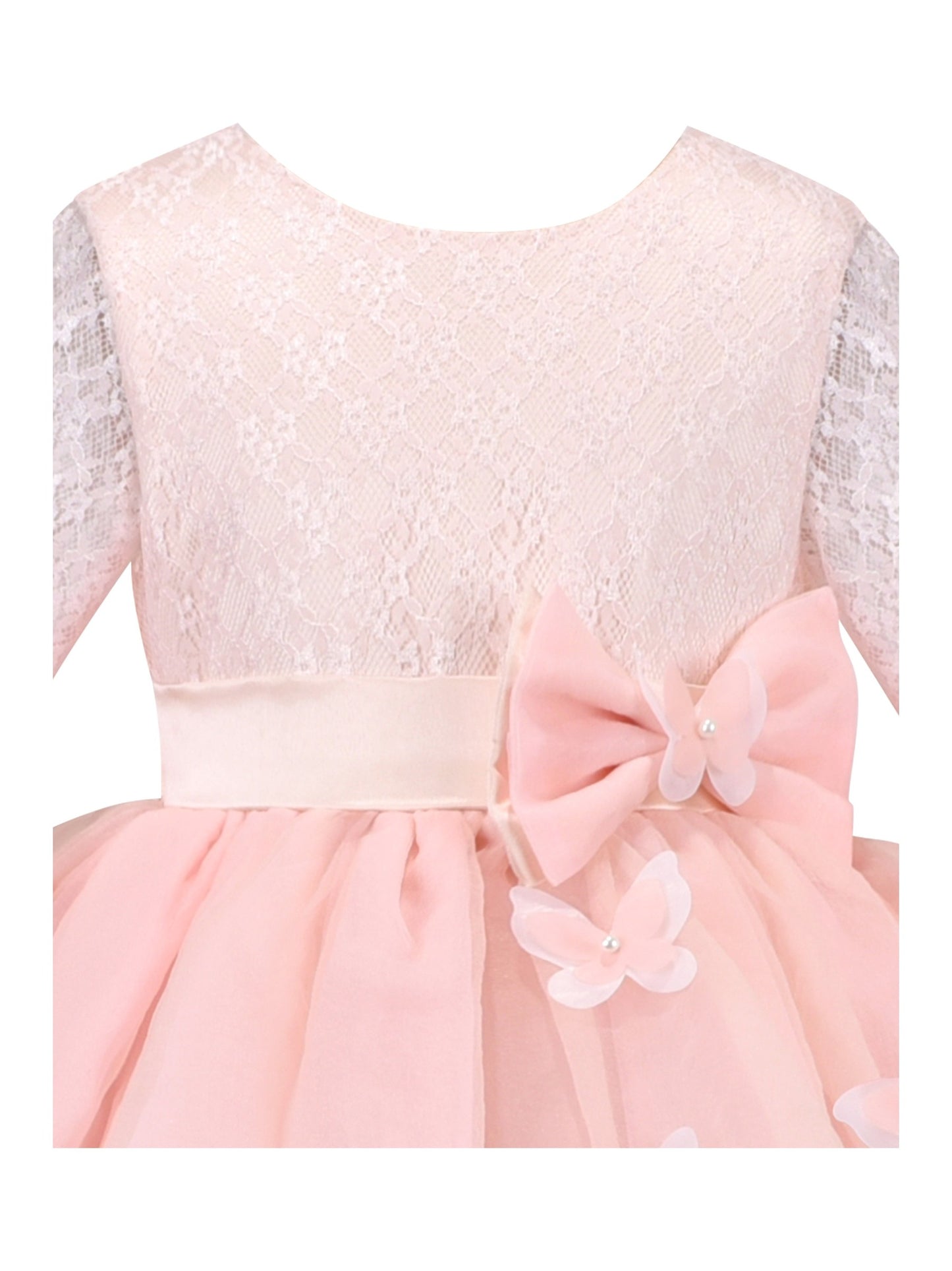 Girls Dress Pink Tulle Floral Applique 3/4 Sheer Mesh Sleeve Wedding Party Light Pink Lace