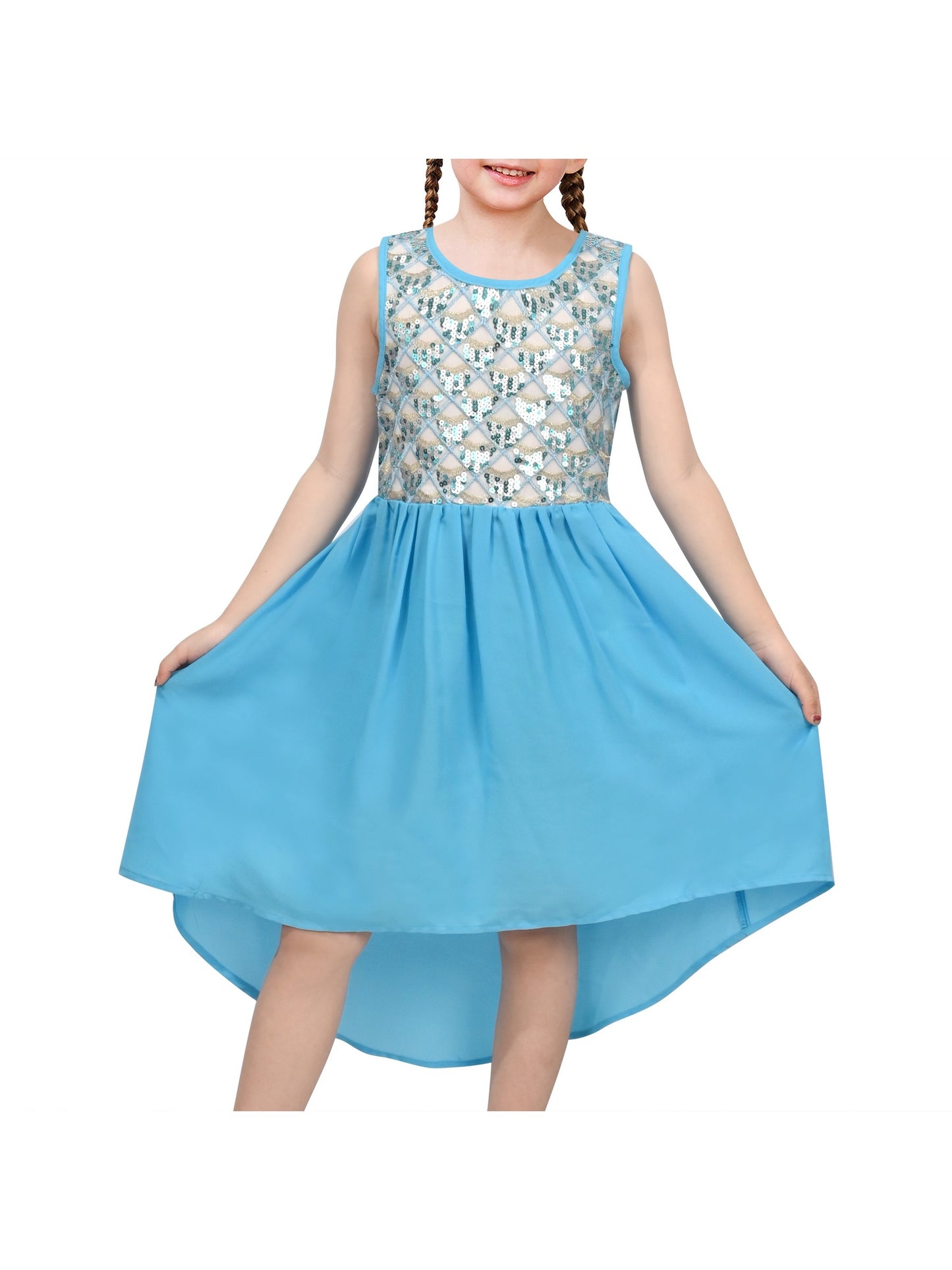 Girls Sleeveless Chiffon Dress Colorful Pencil Print with Yellow Tassel Belt Summer Casual Dresses Light Blue Sequin