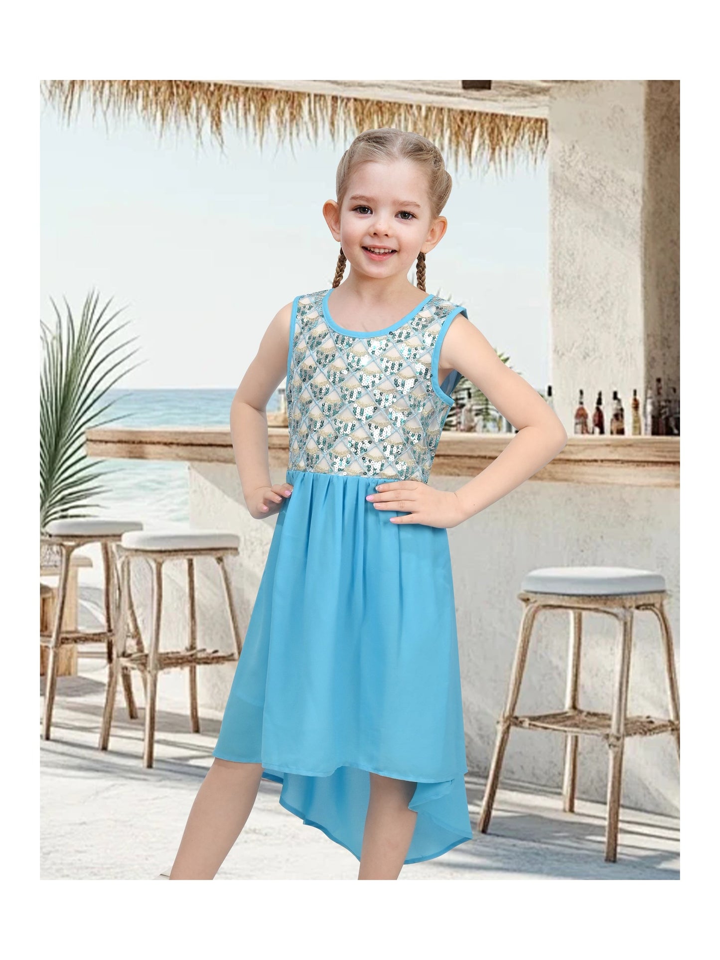 Girls Sleeveless Chiffon Dress Colorful Pencil Print with Yellow Tassel Belt Summer Casual Dresses Light Blue Sequin