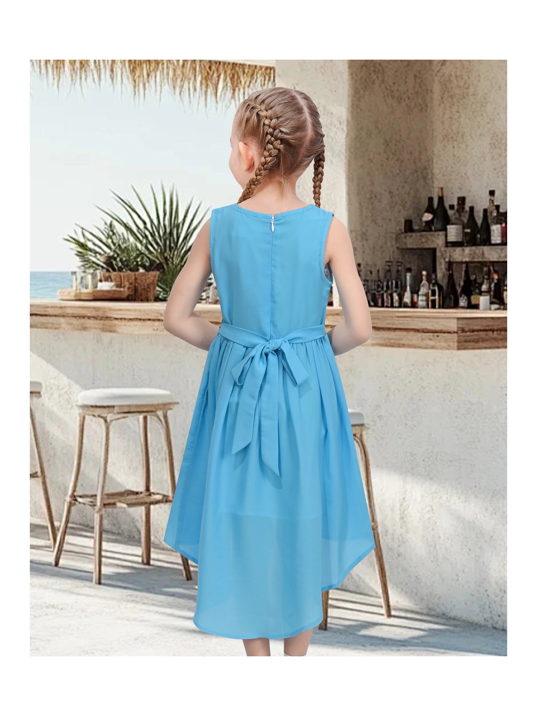 Girls Sleeveless Chiffon Dress Colorful Pencil Print with Yellow Tassel Belt Summer Casual Dresses Light Blue Sequin