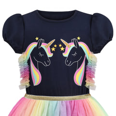 Girls Dress Short Sleeve Rainbow Tulle Skirt Birthday Party Size 4-10 Years