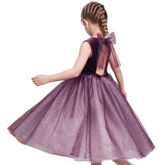 Girls Dress Christmas Vintage V-neck Hollow Back Gold Star Bow Tie Size 6-12 Years