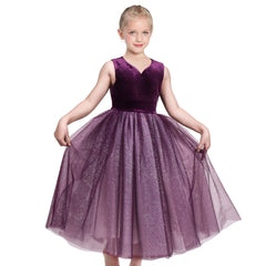 Girls Dress Christmas Vintage V-neck Hollow Back Gold Star Bow Tie Size 6-12 Years