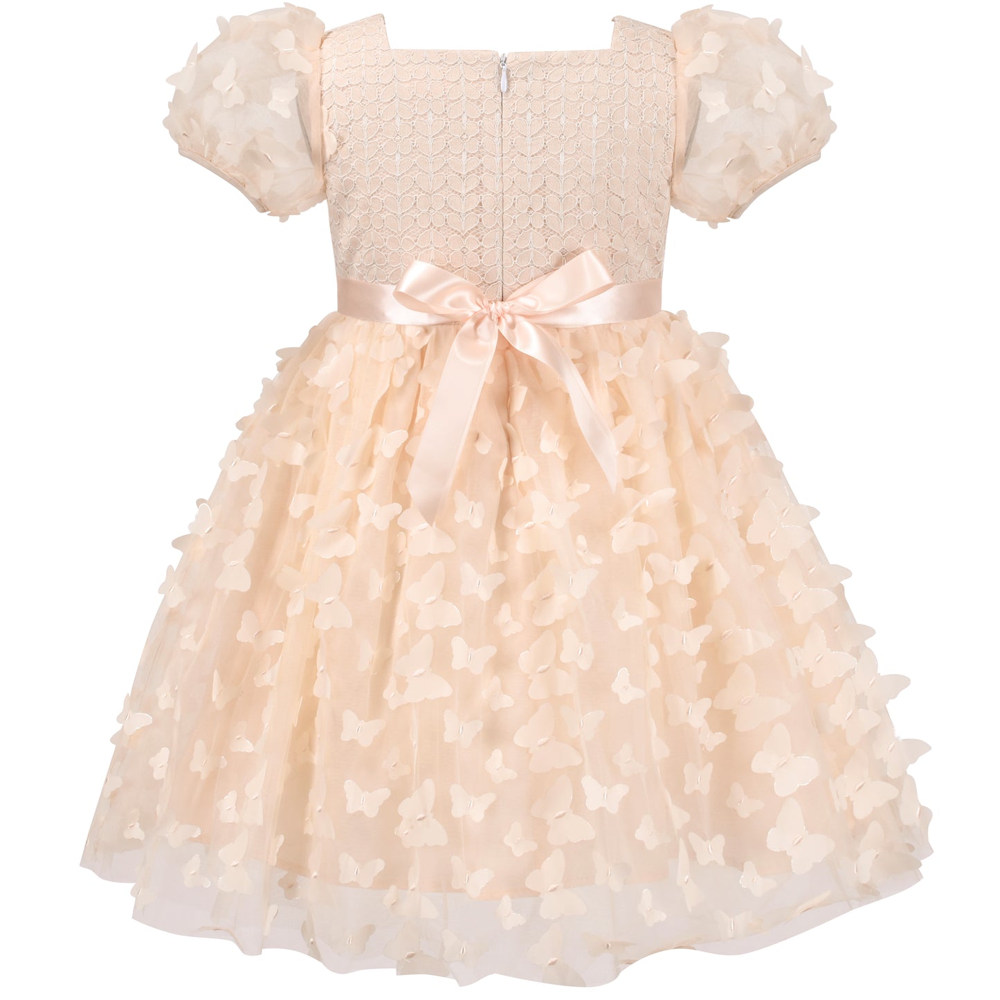 Girls Dress 3D Butterfly Lace Top Sweet Square Collar Short Sleeve Size 5-10 Years