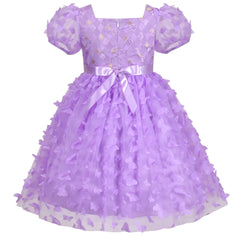 Girls Dress 3D Butterfly Lace Top Sweet Square Collar Short Sleeve Size 5-10 Years