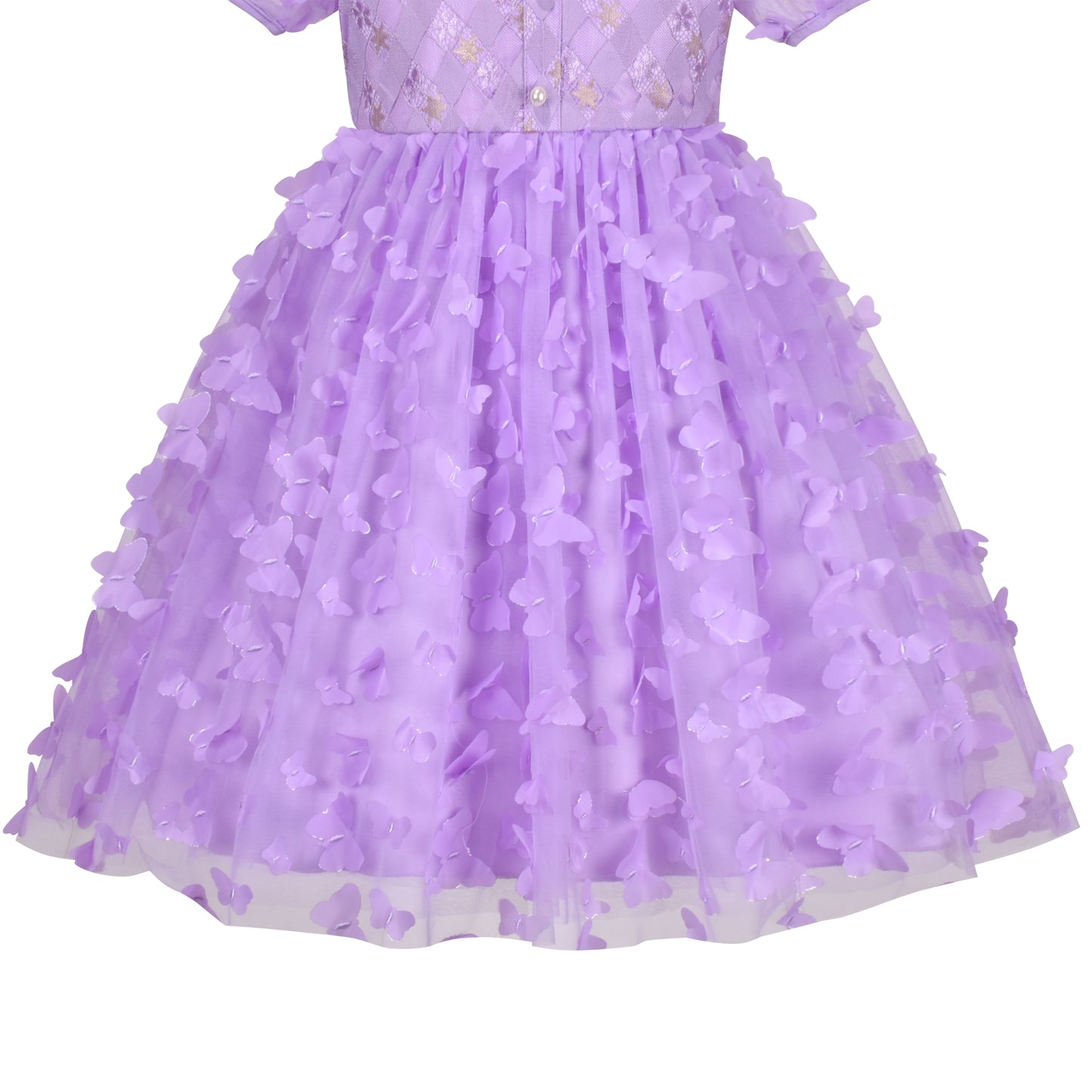 Girls Dress 3D Butterfly Lace Top Sweet Square Collar Short Sleeve Size 5-10 Years