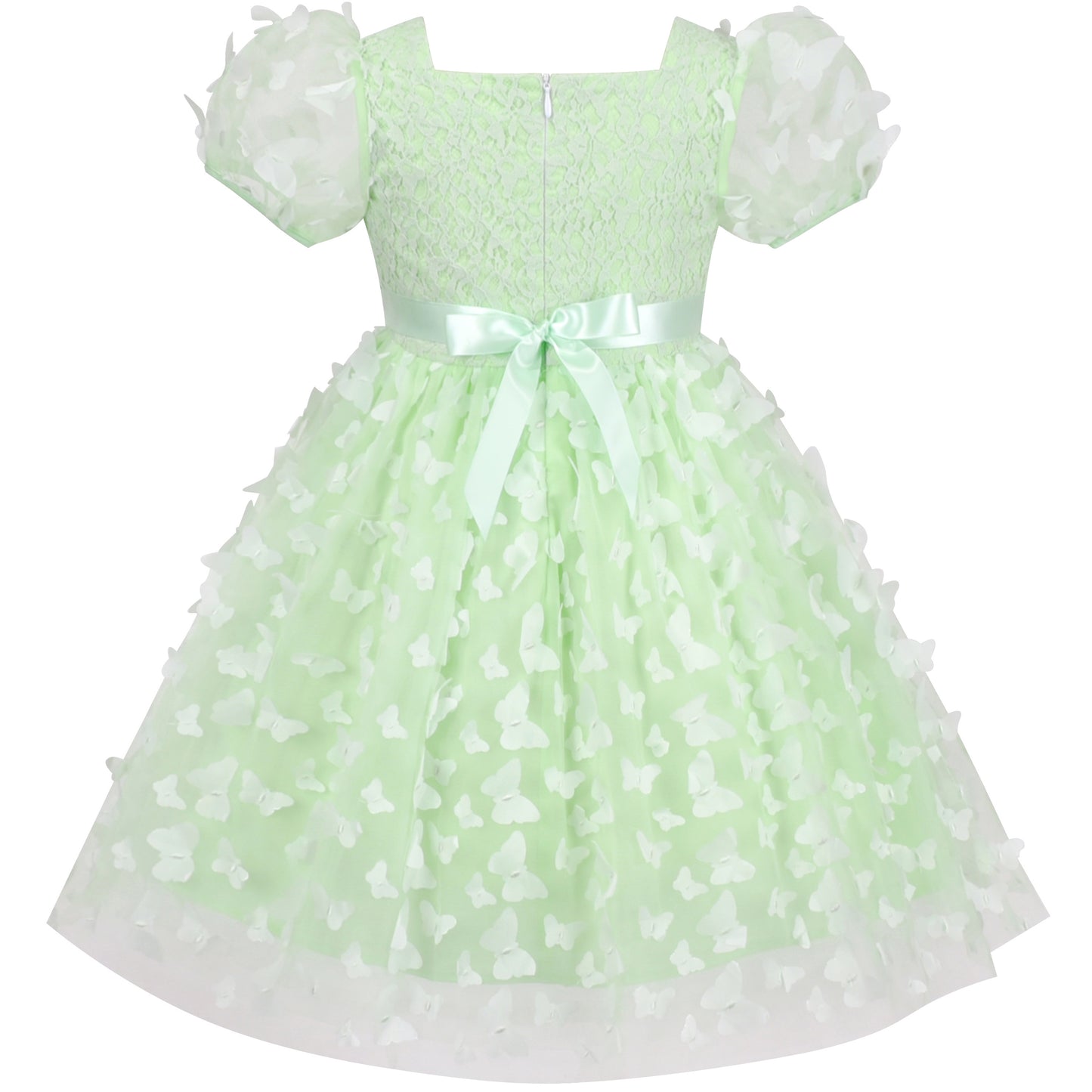 Girls Dress 3D Butterfly Lace Top Sweet Square Collar Short Sleeve Size 5-10 Years