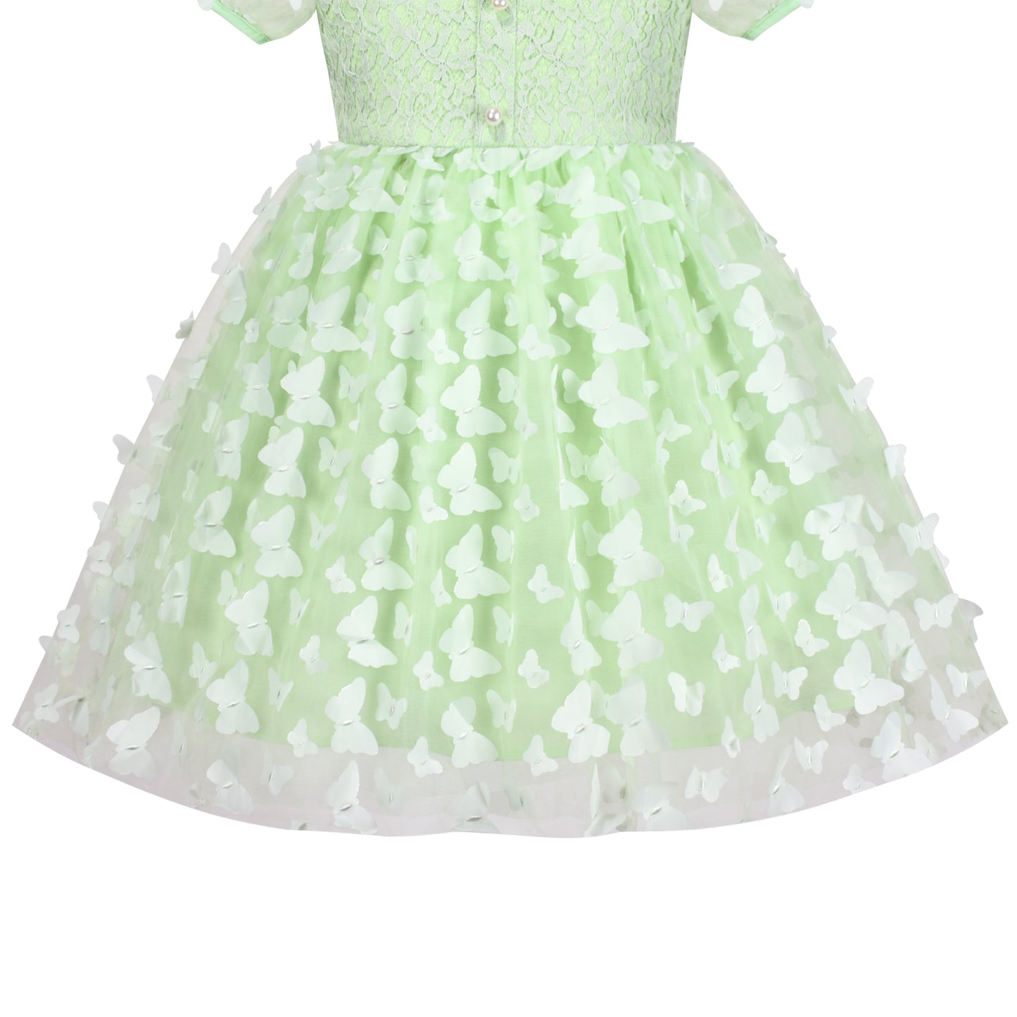 Girls Dress 3D Butterfly Lace Top Sweet Square Collar Short Sleeve Size 5-10 Years