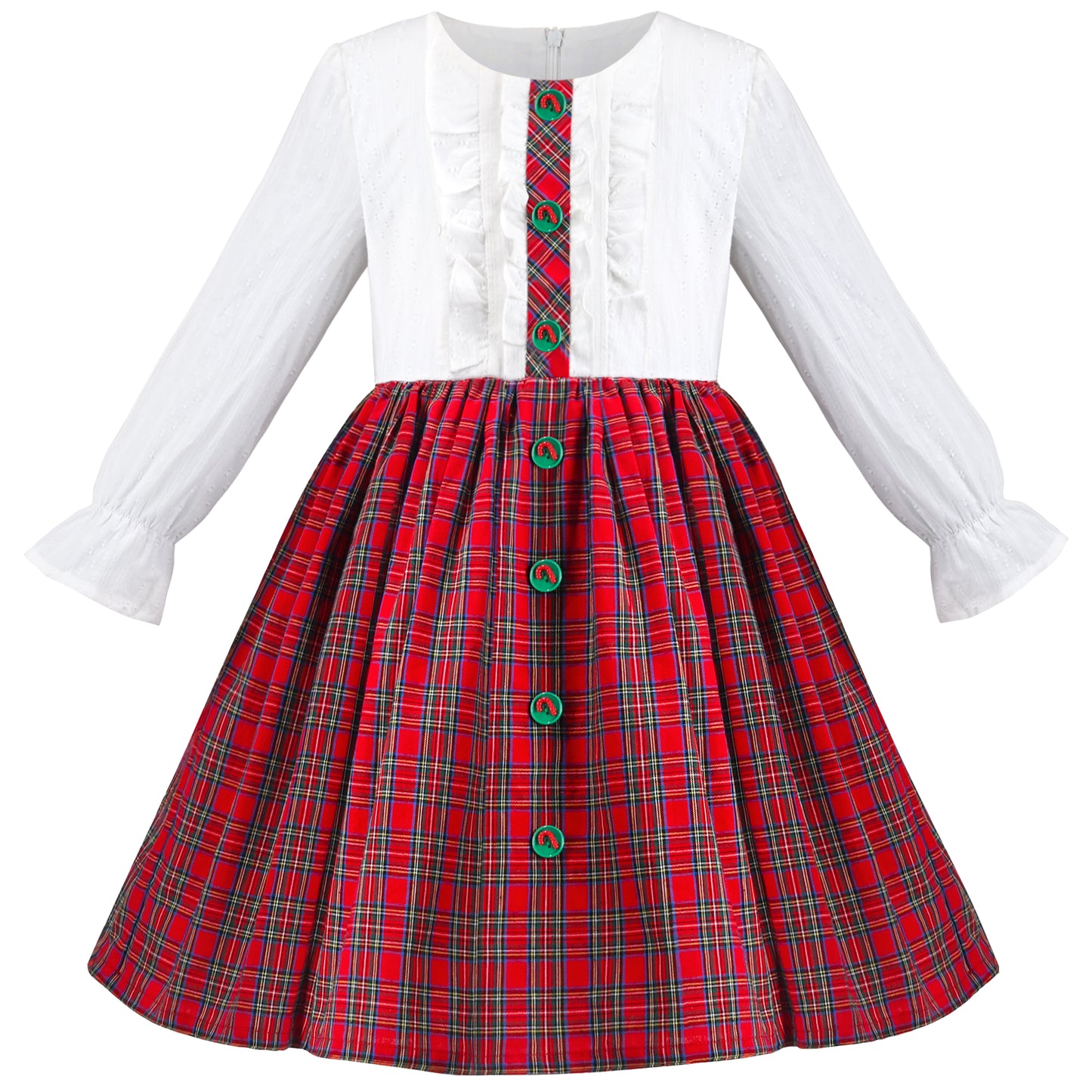 Girls Dress Checkered Lace Ruffle Skirt Long Sleeve Christmas Size 4-12 Years