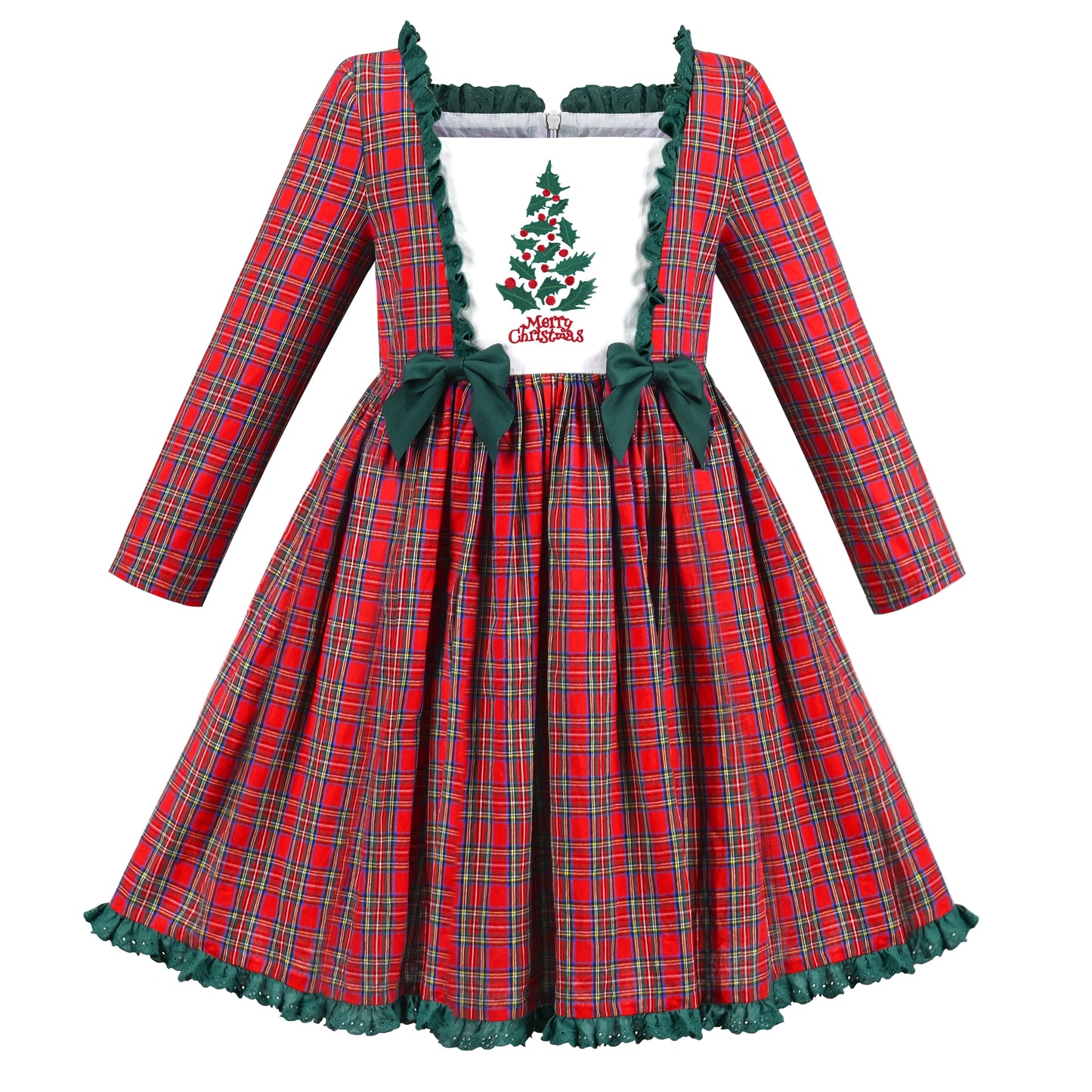 Girls Dress Checkered Lace Ruffle Skirt Long Sleeve Christmas Size 4-12 Years