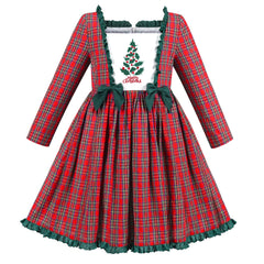 Girls Dress Checkered Lace Ruffle Skirt Long Sleeve Christmas Size 4-12 Years
