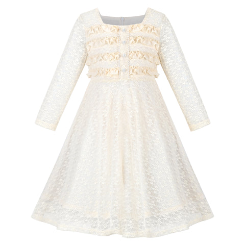 Girls Dress Flower Lace Collar Skirt Dress Size 4-14 Years