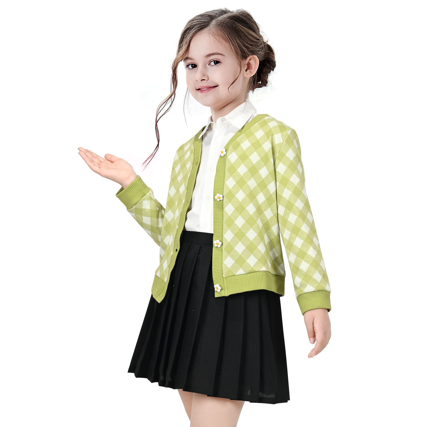 Girls Outfit Set 2 Piece Plaid Knit Cardigan Pleated Skirt Size 6-10 Years