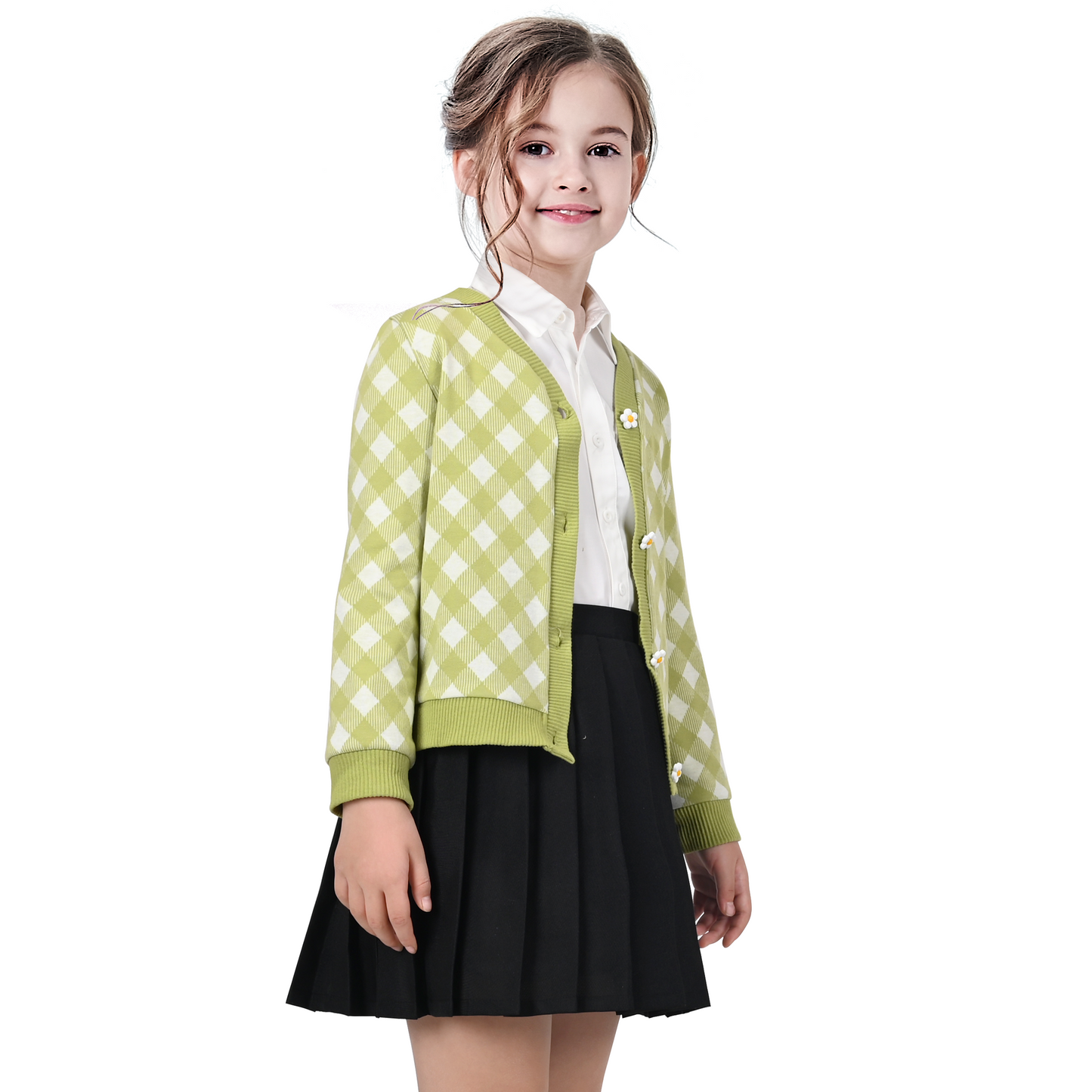 Girls Outfit Set 2 Piece Plaid Knit Cardigan Pleated Skirt Size 6-10 Years