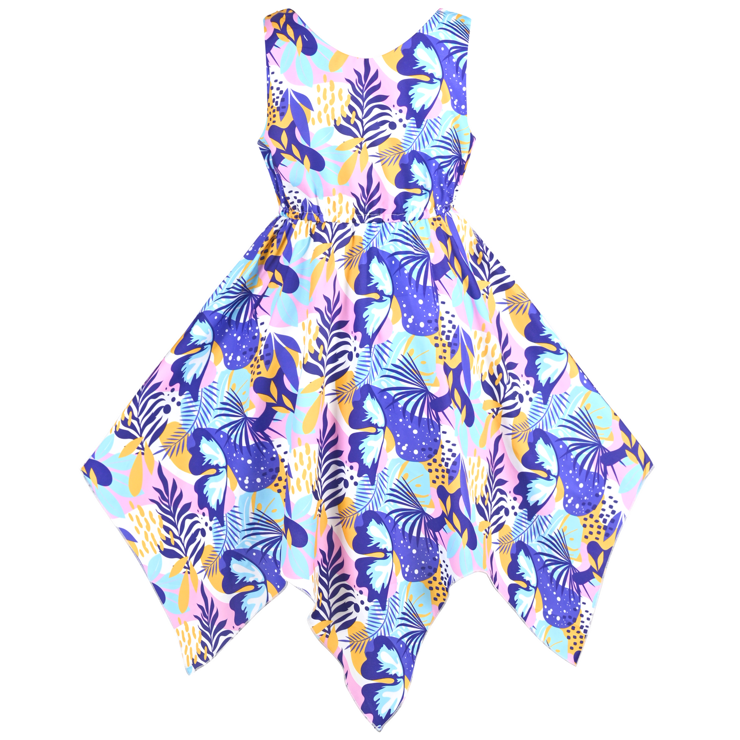 Girls Dress Flower Print Hanky Hem With Necklace Size 6-14 Years