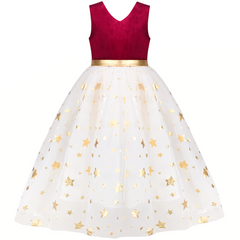 Girls Dress Christmas Vintage V-neck Hollow Back Gold Star Bow Tie Size 6-12 Years