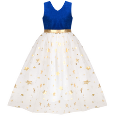 Girls Dress Christmas Vintage V-neck Hollow Back Gold Star Bow Tie Size 6-12 Years