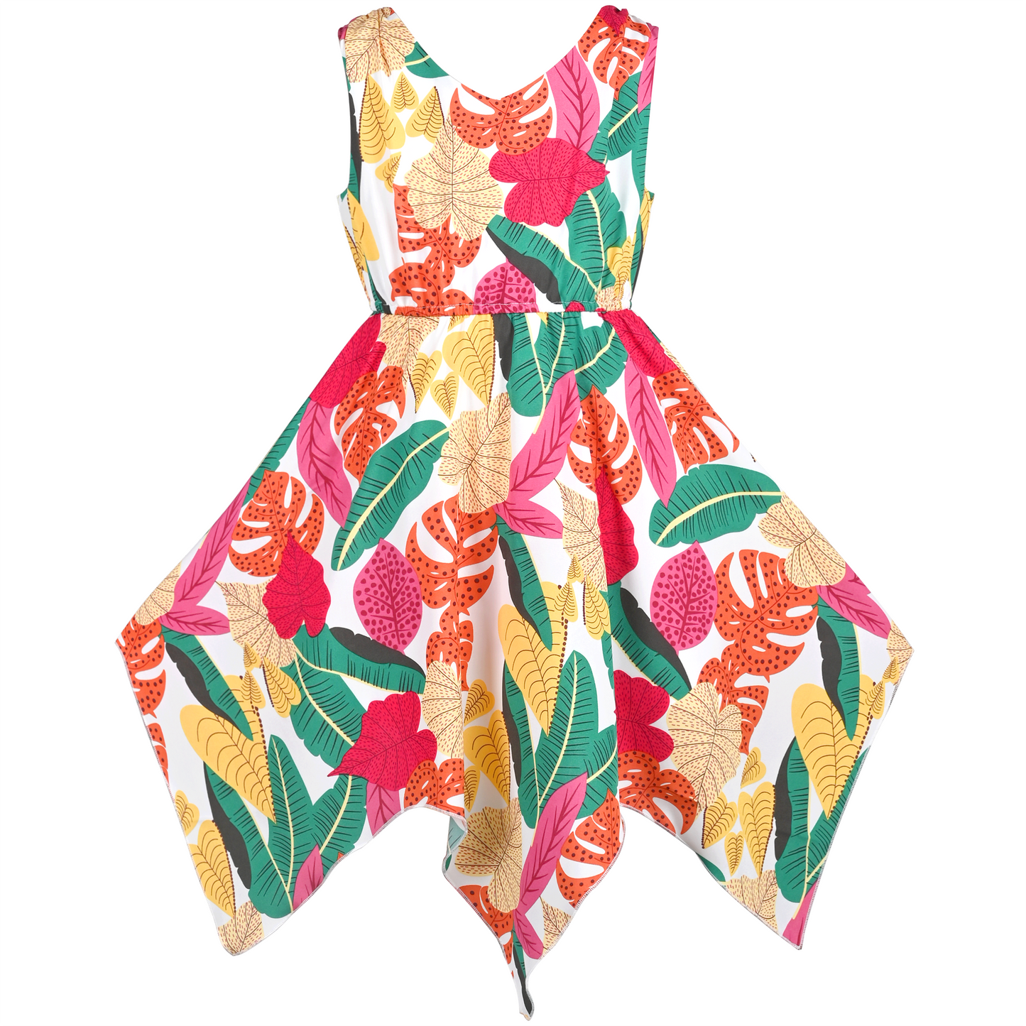 Girls Dress Flower Print Hanky Hem With Necklace Size 6-14 Years