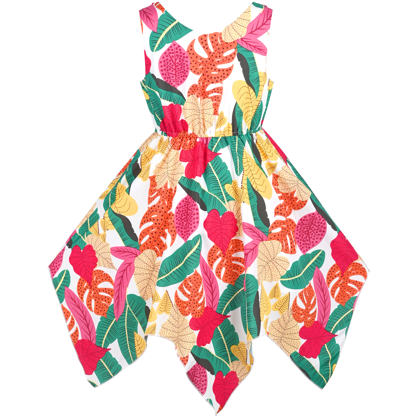 Girls Dress Flower Print Hanky Hem With Necklace Size 6-14 Years
