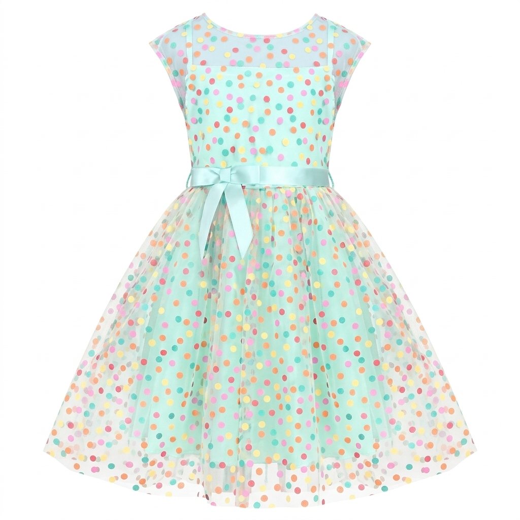 Sunny Fashion Girls Rainbow Polka Dot Tulle Dress with Ribbon Waist