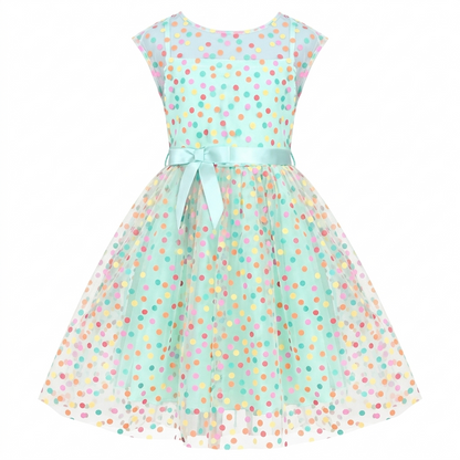 Sunny Fashion Girls Rainbow Polka Dot Tulle Dress with Ribbon Waist