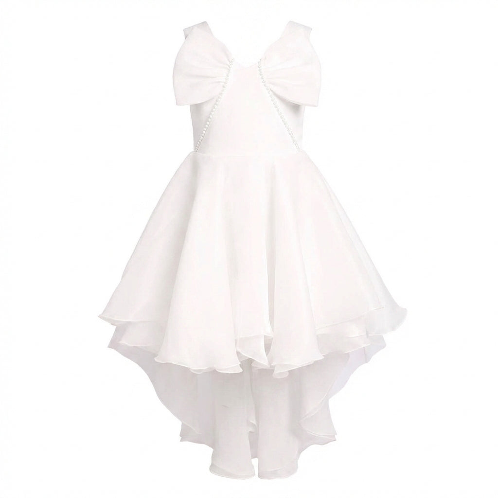 Sunny Fashion Girls White Pearl Ruffle Bow Hi-Lo Party Dress