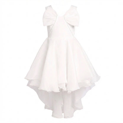 Sunny Fashion Girls White Pearl Ruffle Bow Hi-Lo Party Dress