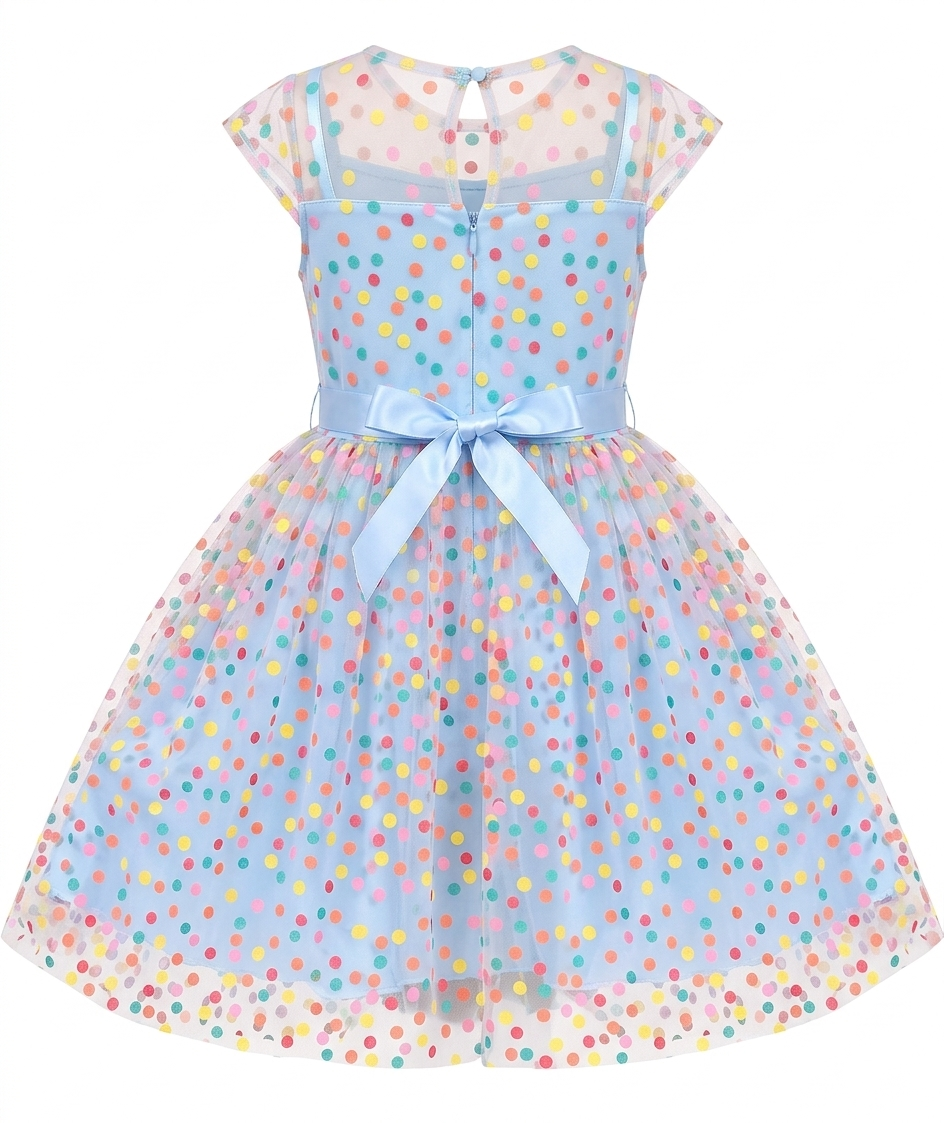 Sunny Fashion Girls Rainbow Polka Dot Tulle Dress with Ribbon Waist